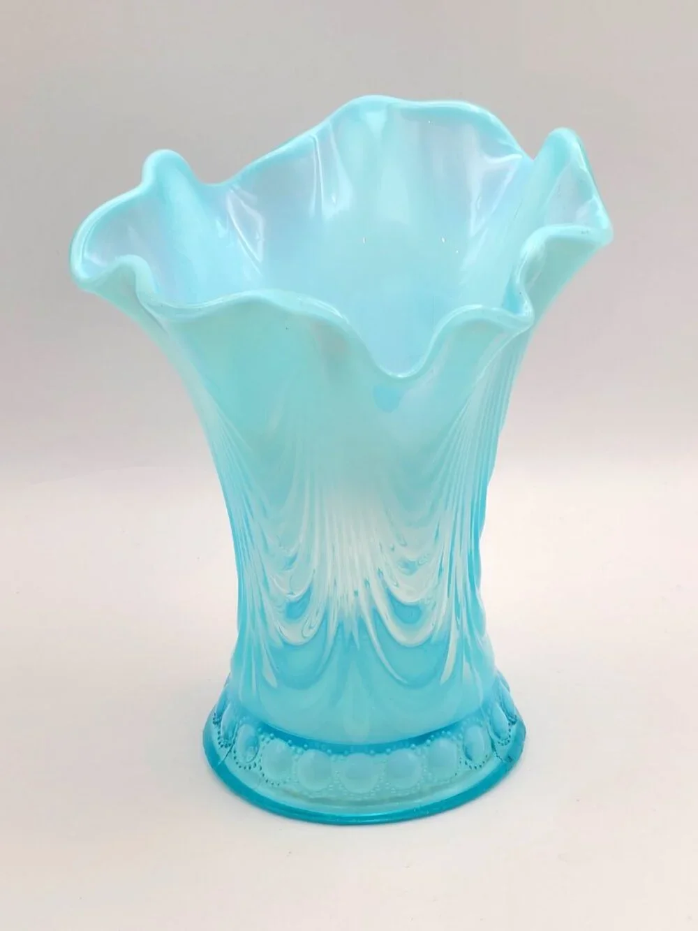 Antique Northwood Jewel & Drapery Swung Vase Blue Opalescent Glass 7